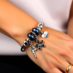 Black Crystal Butterfly & Heart Charm Bracelet - Stainless Steel