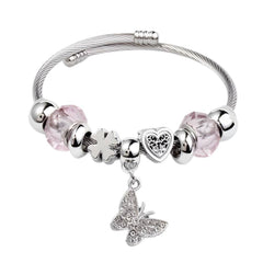 Heart Butterfly Stainless Steel Asymmetrical Bangle Pink
