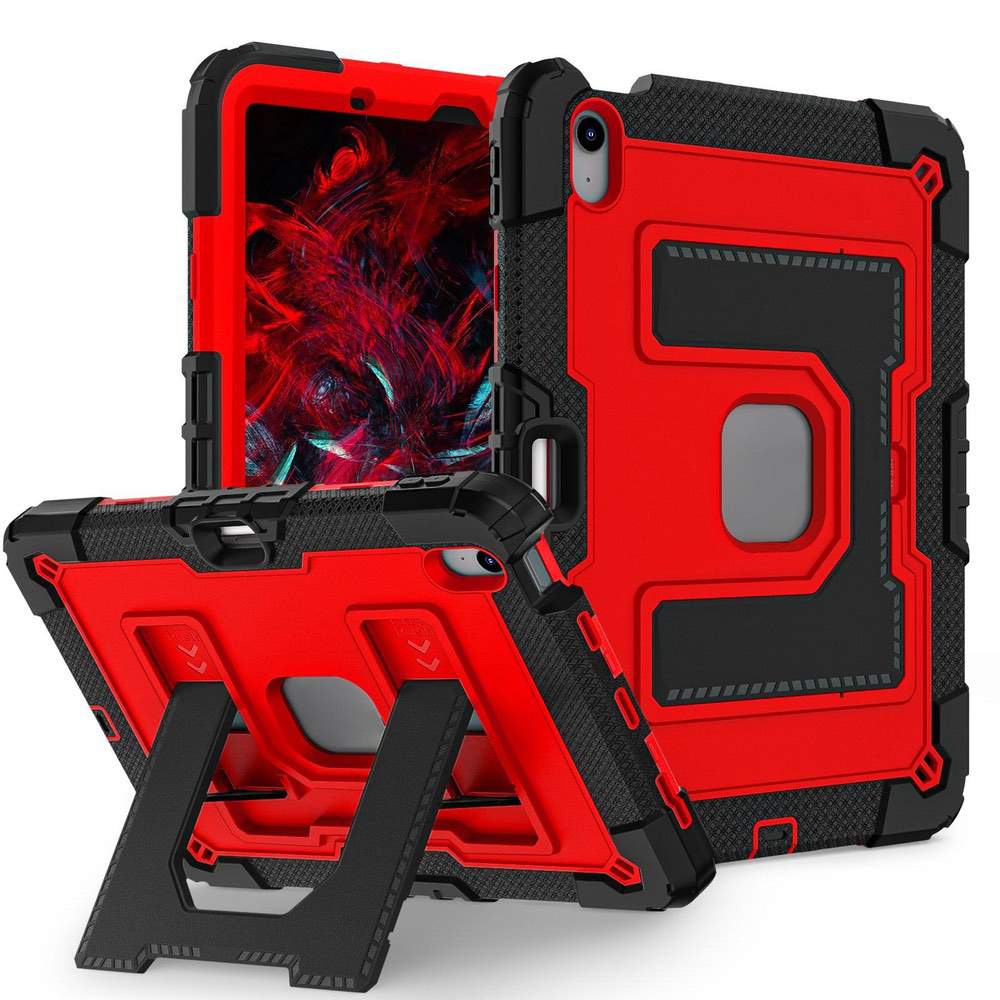 Red and black rugged tablet case with stand feature on a white background