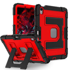 Red and black rugged tablet case with stand feature on a white background