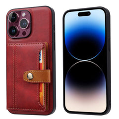 iPhone 15 Pro Max Case Calfskin Texture PU Leather with 5 Card Slots - Red