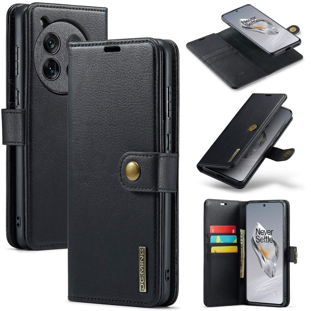 Black phone wallet case with multiple views on a white background