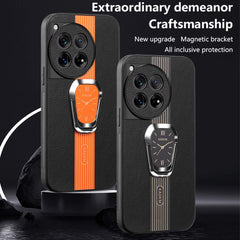 OnePlus 12 Magnetic Litchi Leather Back Phone Case with Holder Orange/Black