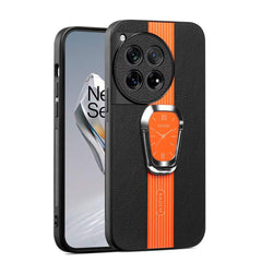 OnePlus 12 Magnetic Litchi Leather Back Phone Case with Holder Orange/Black