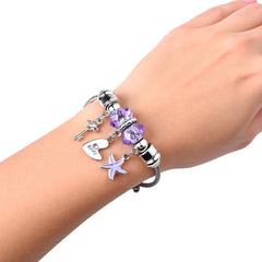 Purple Crystal Heart & Starfish Charm Bracelet - Stainless Steel