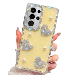 Samsung Galaxy S26 Ultra Diamond Glitter Pearl Heart Case - Light Yellow