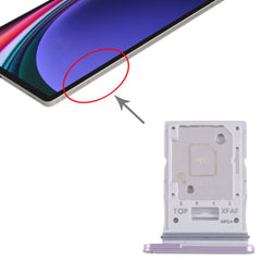 Illustration of the Samsung Galaxy Tab S9 Ultra with a red circle indicating the SIM tray slot, paired with the purple replacement tray.