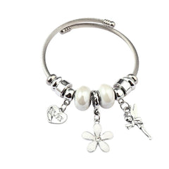 White Crystal Flora & Butterfly Charm Bracelet - Stainless Steel