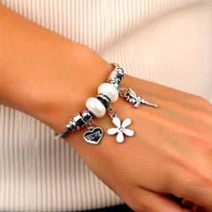 White Crystal Flora & Butterfly Charm Bracelet - Stainless Steel