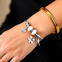 White Crystal Flora & Butterfly Charm Bracelet - Stainless Steel