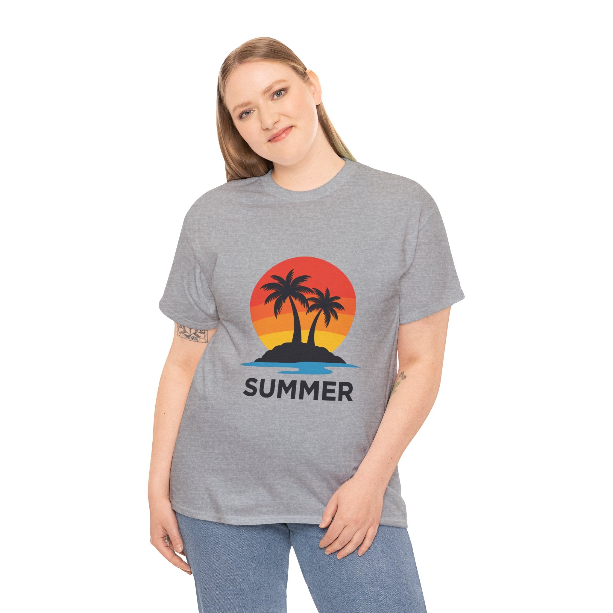 Summer Vibes Unisex Heavy Cotton Tee, Beach Shirt, Vacation T-Shirt, Casual Summer Wear, Tropical Graphic Tee, Gift for Him/Her