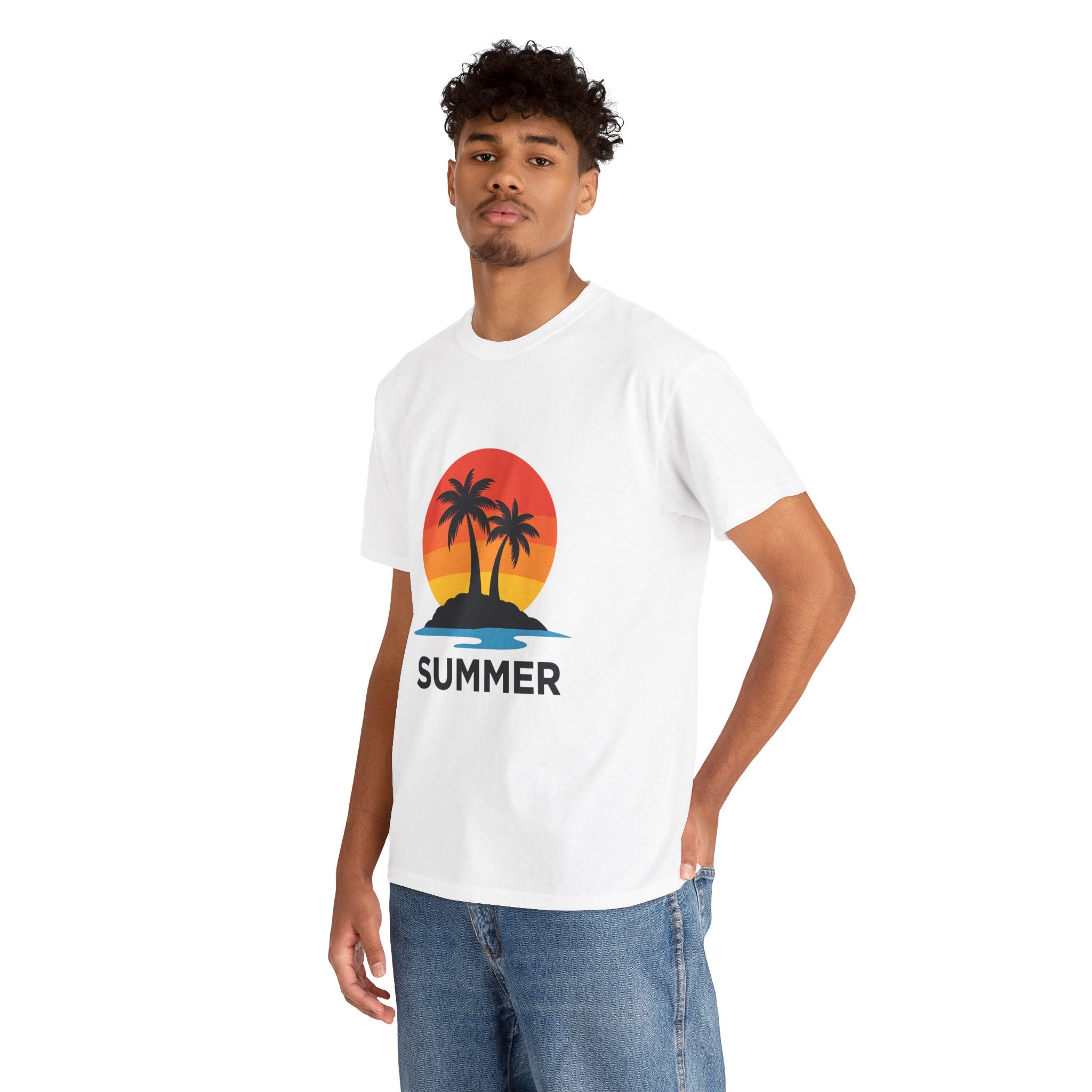 Summer Vibes Unisex Heavy Cotton Tee, Beach Shirt, Vacation T-Shirt, Casual Summer Wear, Tropical Graphic Tee, Gift for Him/Her