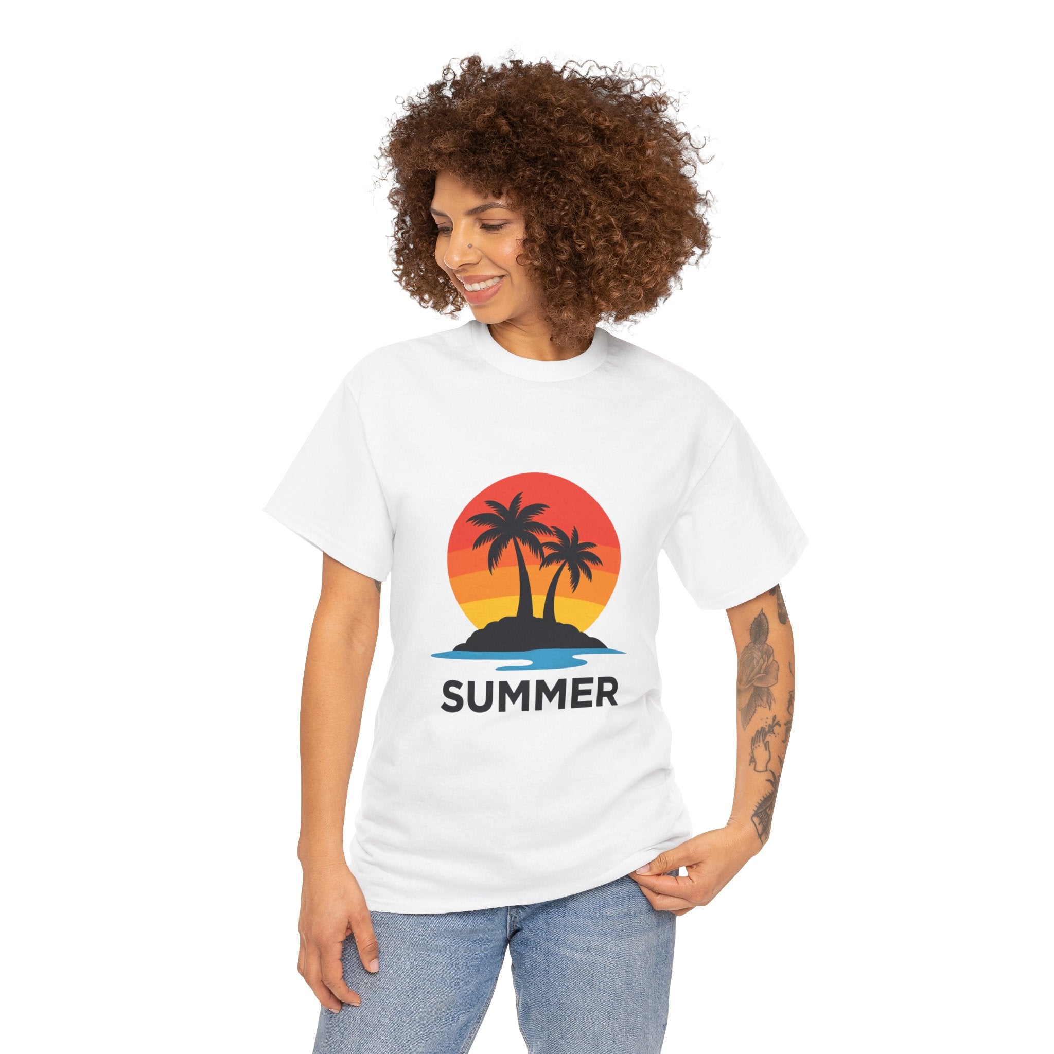 Summer Vibes Unisex Heavy Cotton Tee, Beach Shirt, Vacation T-Shirt, Casual Summer Wear, Tropical Graphic Tee, Gift for Him/Her