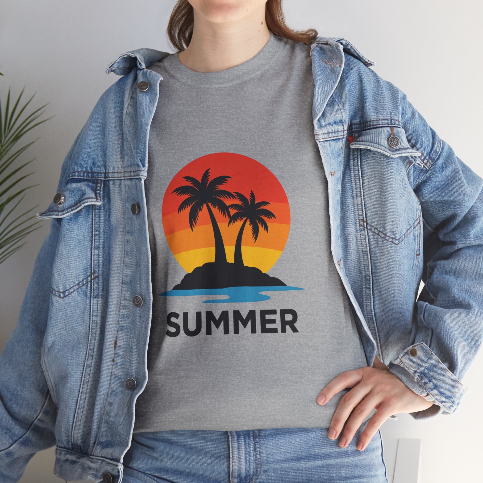 Summer Vibes Unisex Heavy Cotton Tee, Beach Shirt, Vacation T-Shirt, Casual Summer Wear, Tropical Graphic Tee, Gift for Him/Her