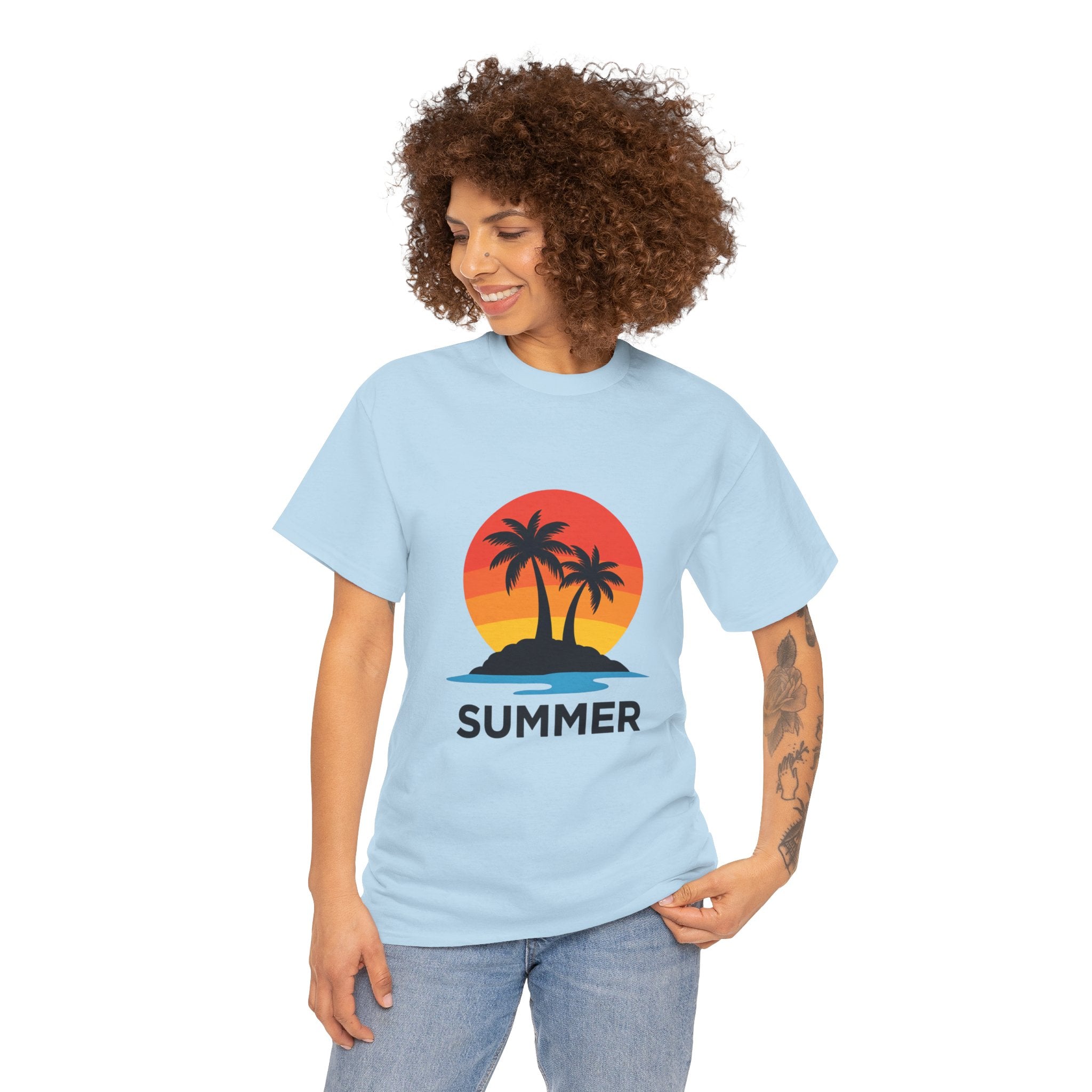 Summer Vibes Unisex Heavy Cotton Tee, Beach Shirt, Vacation T-Shirt, Casual Summer Wear, Tropical Graphic Tee, Gift for Him/Her