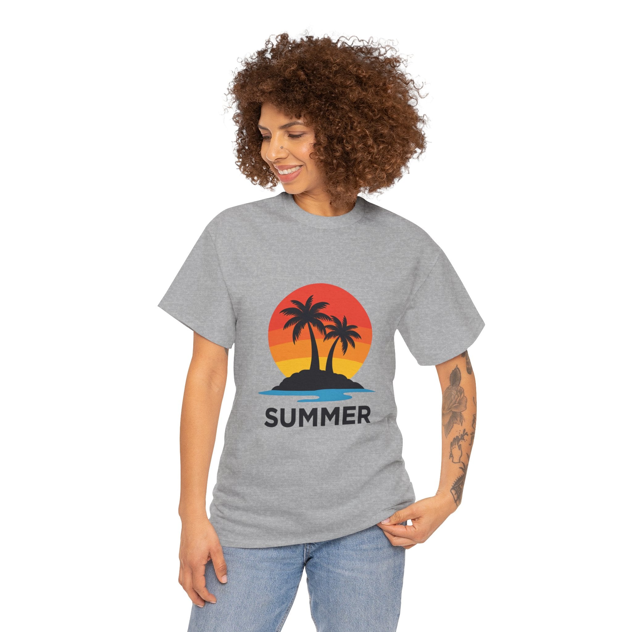 Summer Vibes Unisex Heavy Cotton Tee, Beach Shirt, Vacation T-Shirt, Casual Summer Wear, Tropical Graphic Tee, Gift for Him/Her