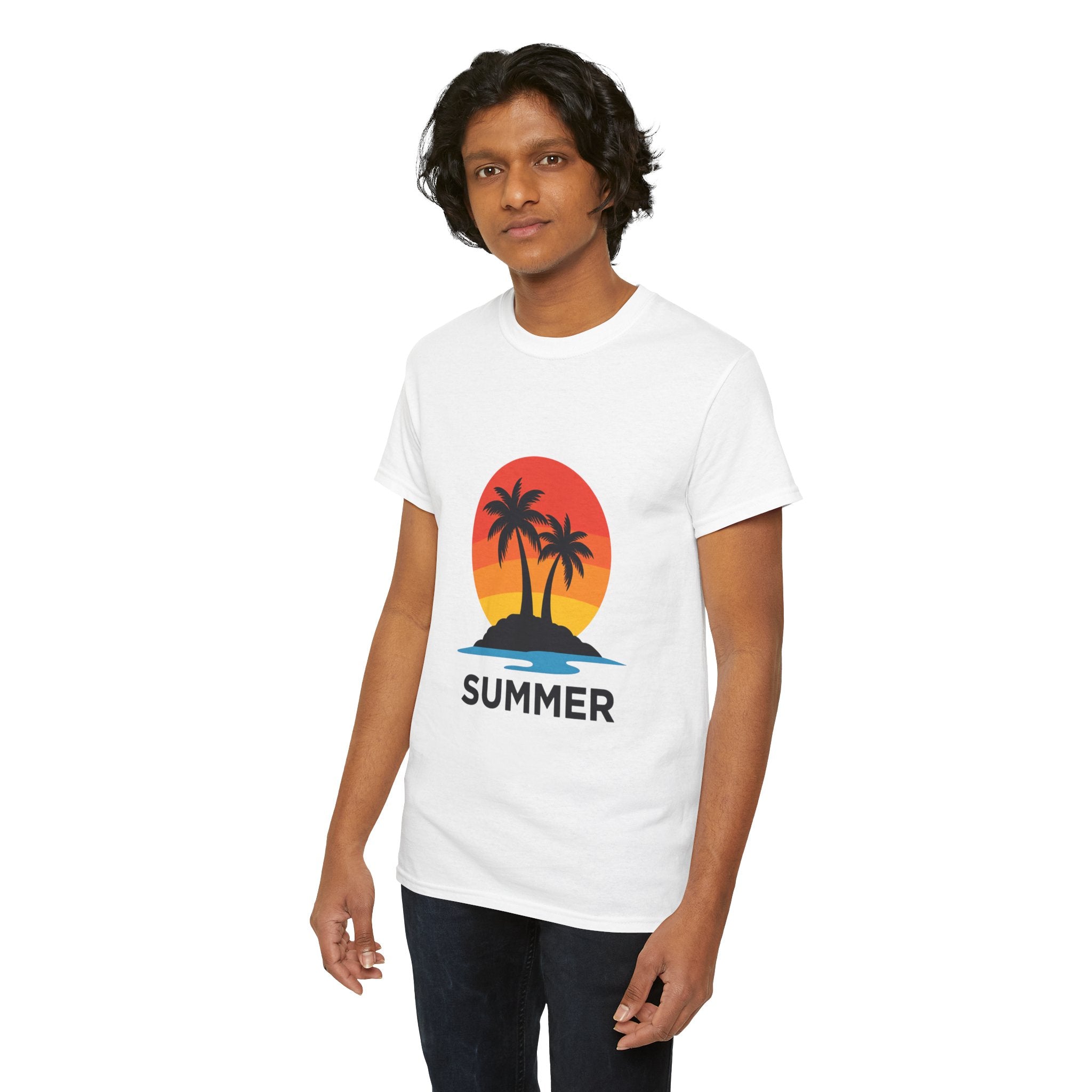 Summer Vibes Unisex Heavy Cotton Tee, Beach Shirt, Vacation T-Shirt, Casual Summer Wear, Tropical Graphic Tee, Gift for Him/Her