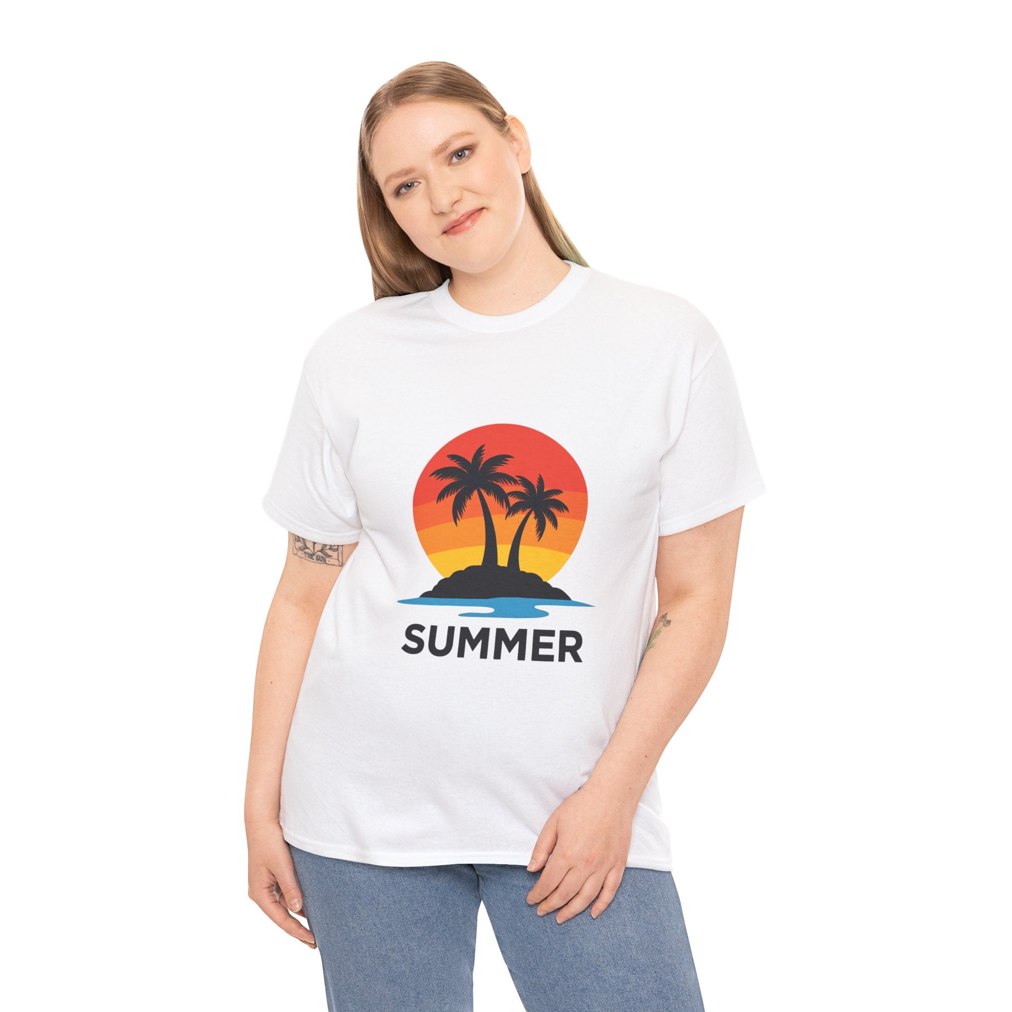 Summer Vibes Unisex Heavy Cotton Tee, Beach Shirt, Vacation T-Shirt, Casual Summer Wear, Tropical Graphic Tee, Gift for Him/Her