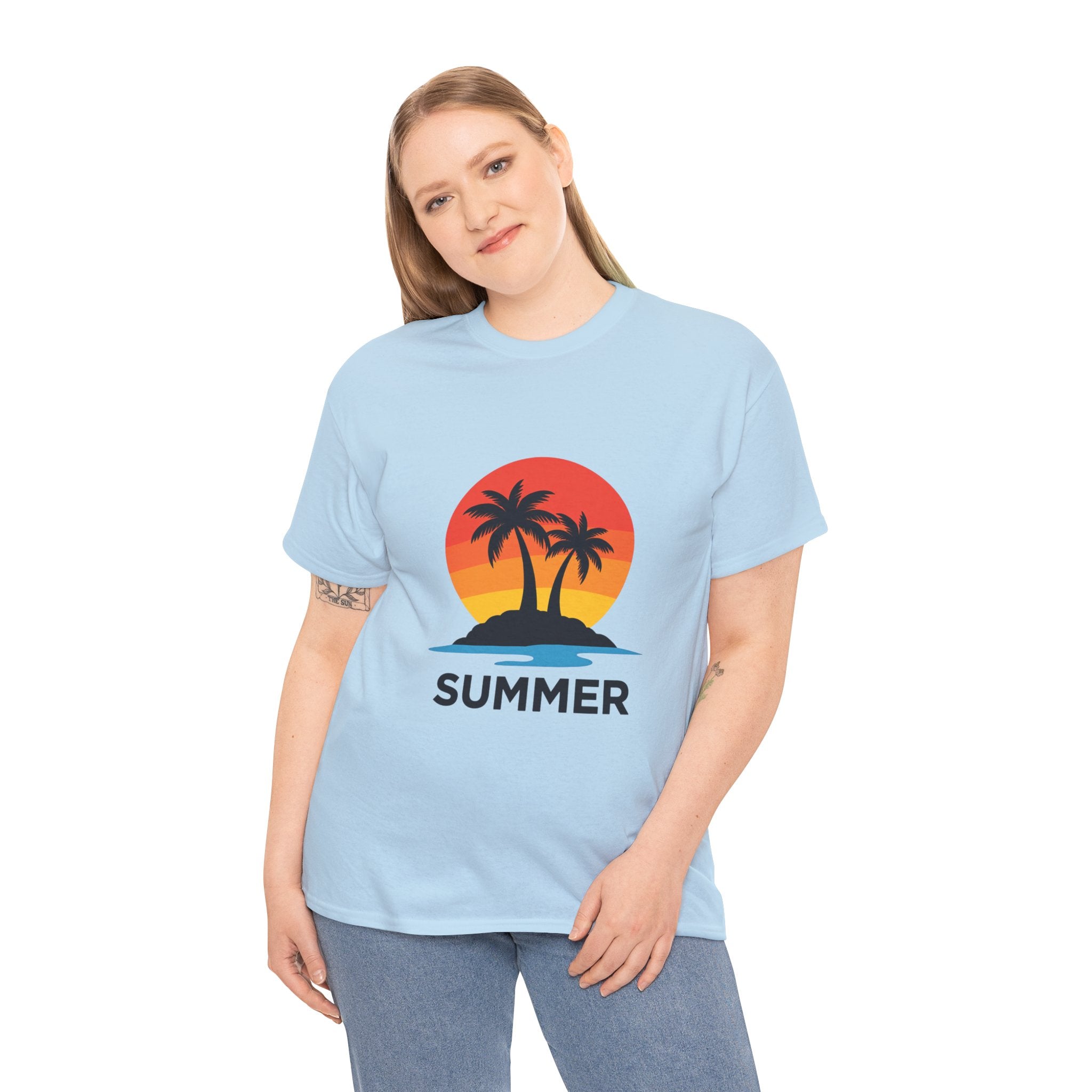 Summer Vibes Unisex Heavy Cotton Tee, Beach Shirt, Vacation T-Shirt, Casual Summer Wear, Tropical Graphic Tee, Gift for Him/Her