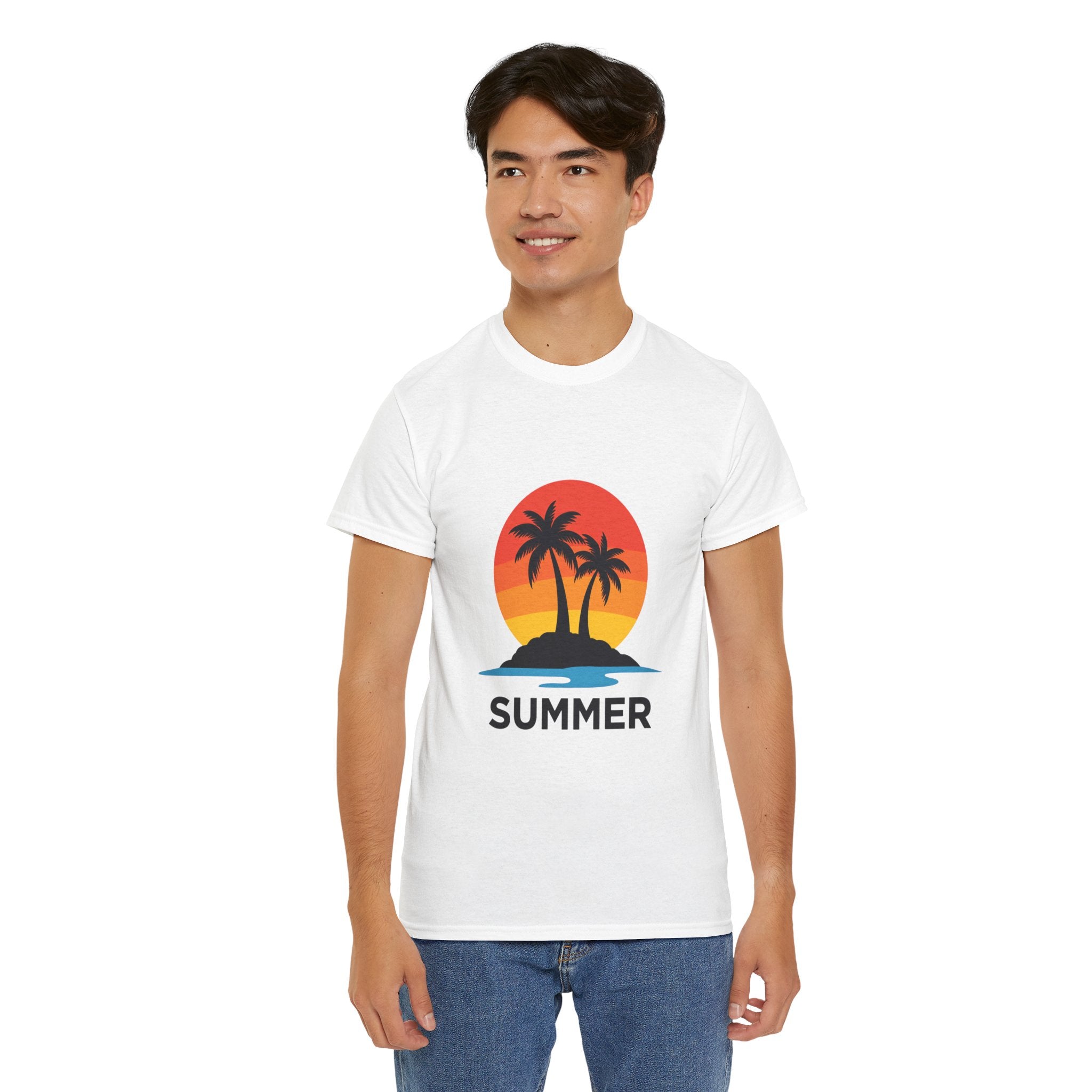 Summer Vibes Unisex Heavy Cotton Tee, Beach Shirt, Vacation T-Shirt, Casual Summer Wear, Tropical Graphic Tee, Gift for Him/Her