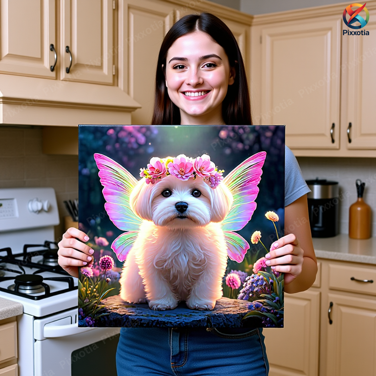 Custom Pet Portrait with Fairy Wings | Dog Art with Flower Crown | Digital Pet Gift