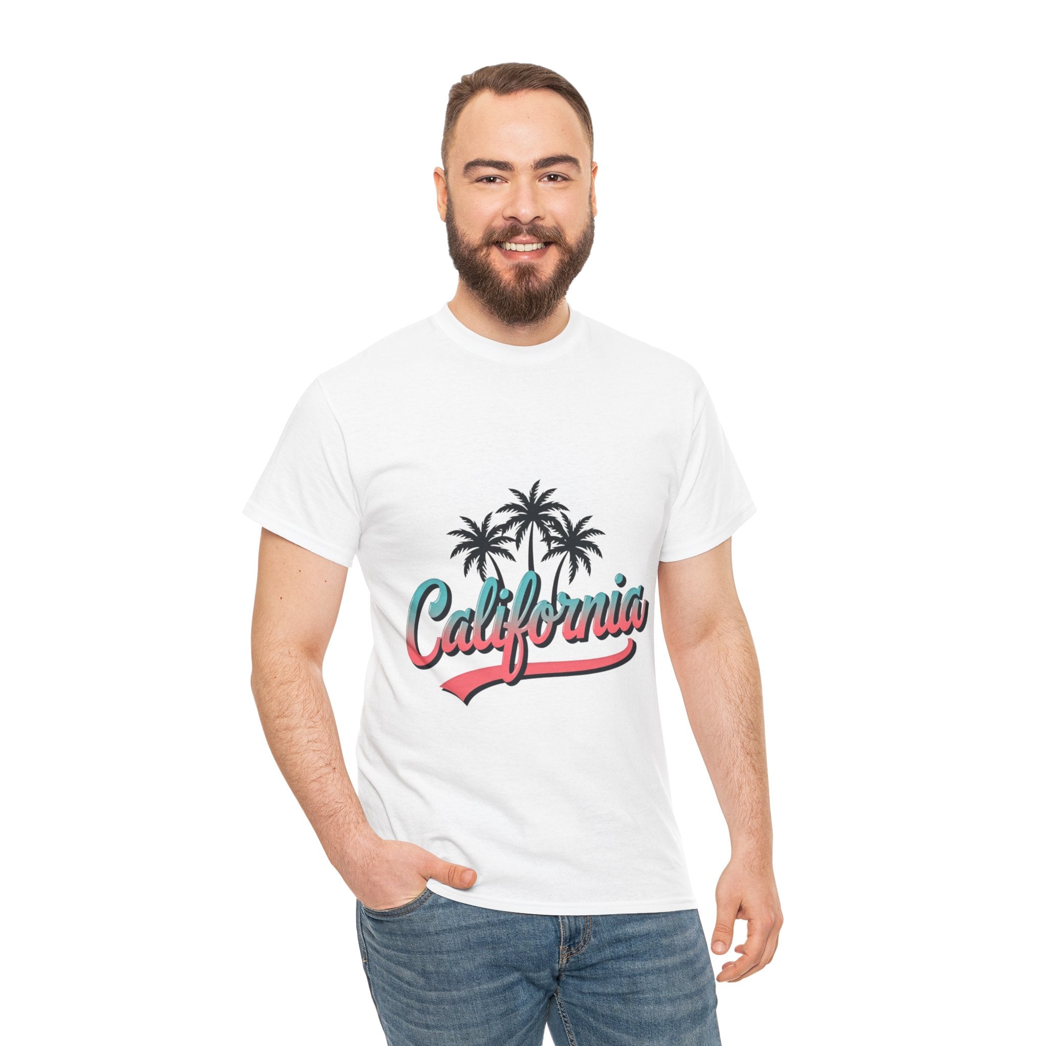 California Palm Trees Unisex Heavy Cotton Tee, Summer T-Shirt, Vacation Top, Beachwear, Casual Wear, Gift for Travel Lovers