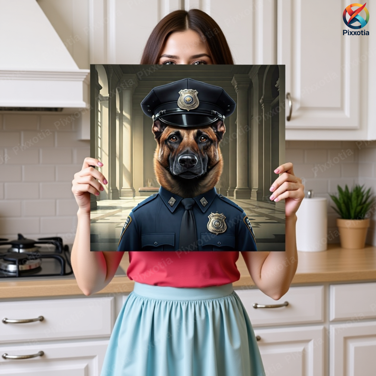 Custom Digital Pet Portrait – Police Uniform with Cap & Silver Badge