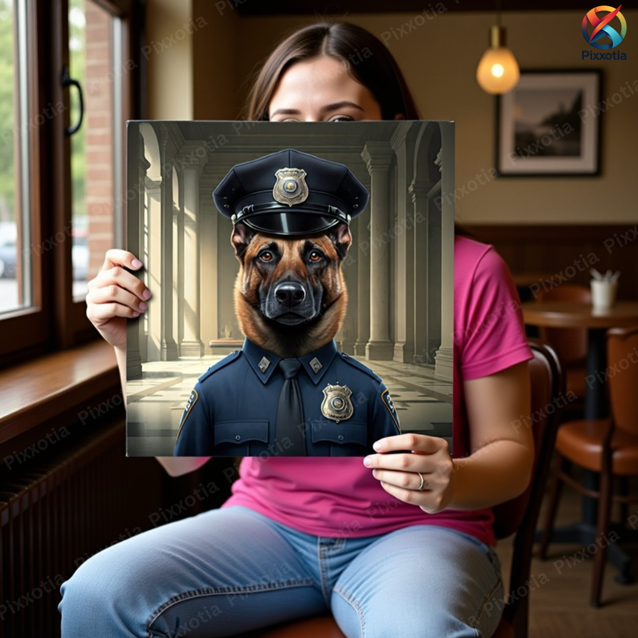 Custom Digital Pet Portrait – Police Uniform with Cap & Silver Badge