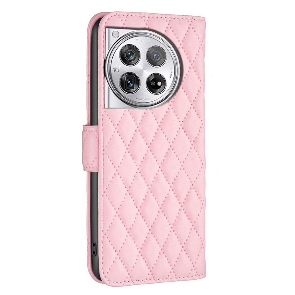 OnePlus 12 Case Diamond Lattice Wallet Flip PU Leather Pink