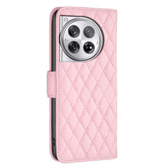 OnePlus 12 Case Diamond Lattice Wallet Flip PU Leather Pink