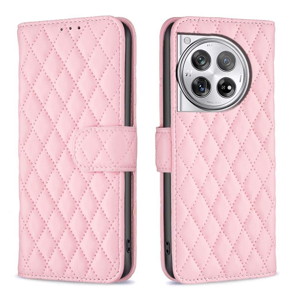 OnePlus 12 Case Diamond Lattice Wallet Flip PU Leather Pink