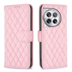 OnePlus 12 Case Diamond Lattice Wallet Flip PU Leather Pink
