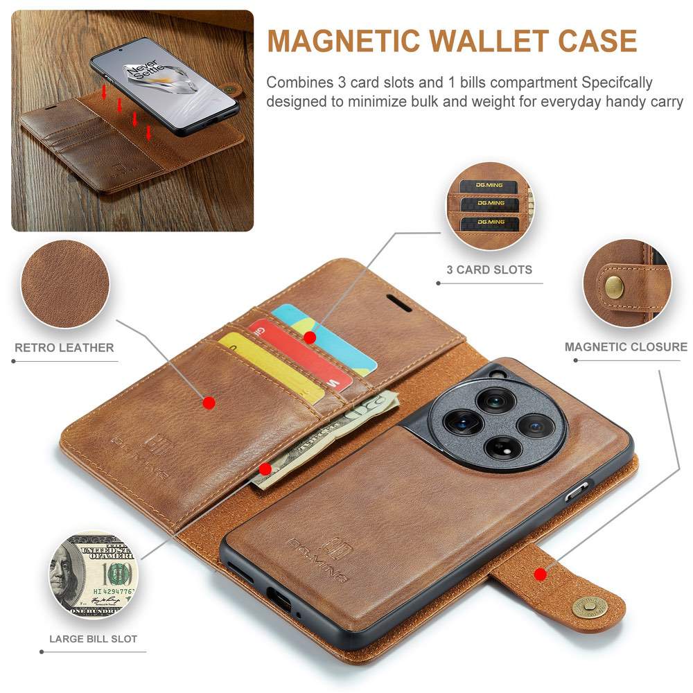 OnePlus 12 Case DG.MING Crazy Horse Texture Detachable Magnetic PU Leather (Brown)