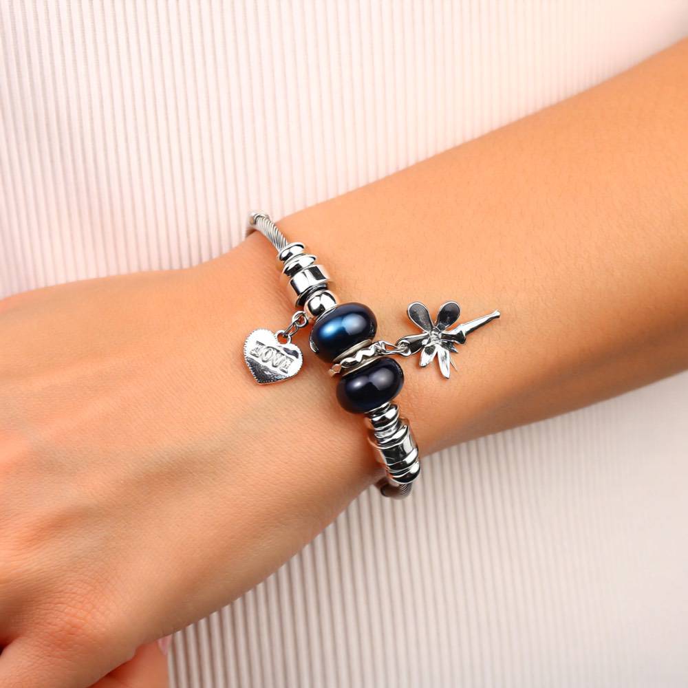 Black Crystal Butterfly & Heart Charm Bracelet - Stainless Steel