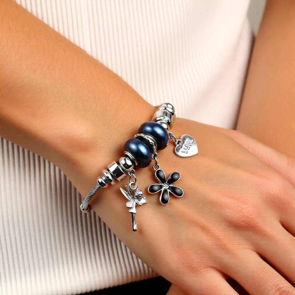 Black Crystal Butterfly & Heart Charm Bracelet - Stainless Steel