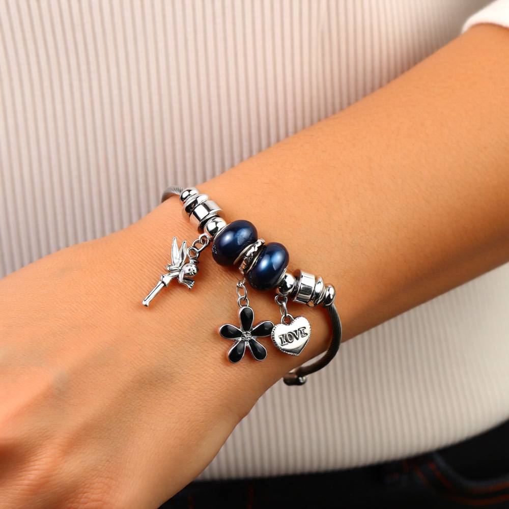 Black Crystal Butterfly & Heart Charm Bracelet - Stainless Steel