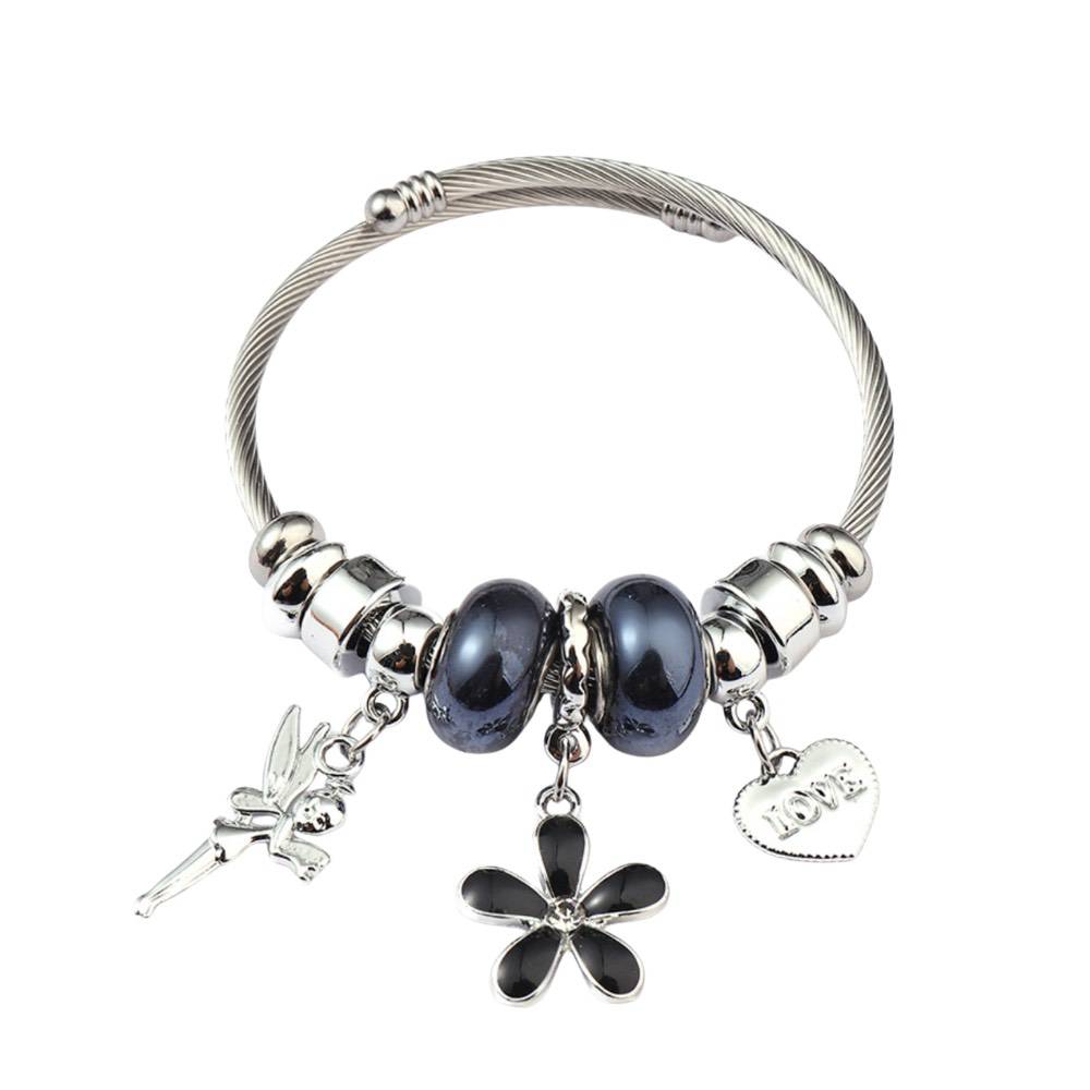 Black Crystal Butterfly & Heart Charm Bracelet - Stainless Steel