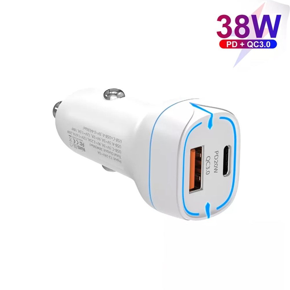 Car Charger 38W PD20W + QC3.0 USB With Type C Cable - White