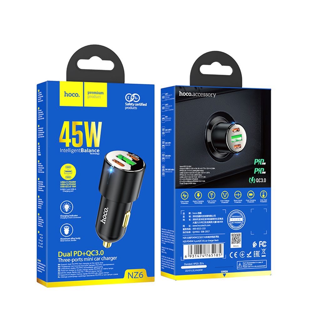 Car Charger HOCO NZ6 Three Port Fast Charge PD 45W Charger - Black
