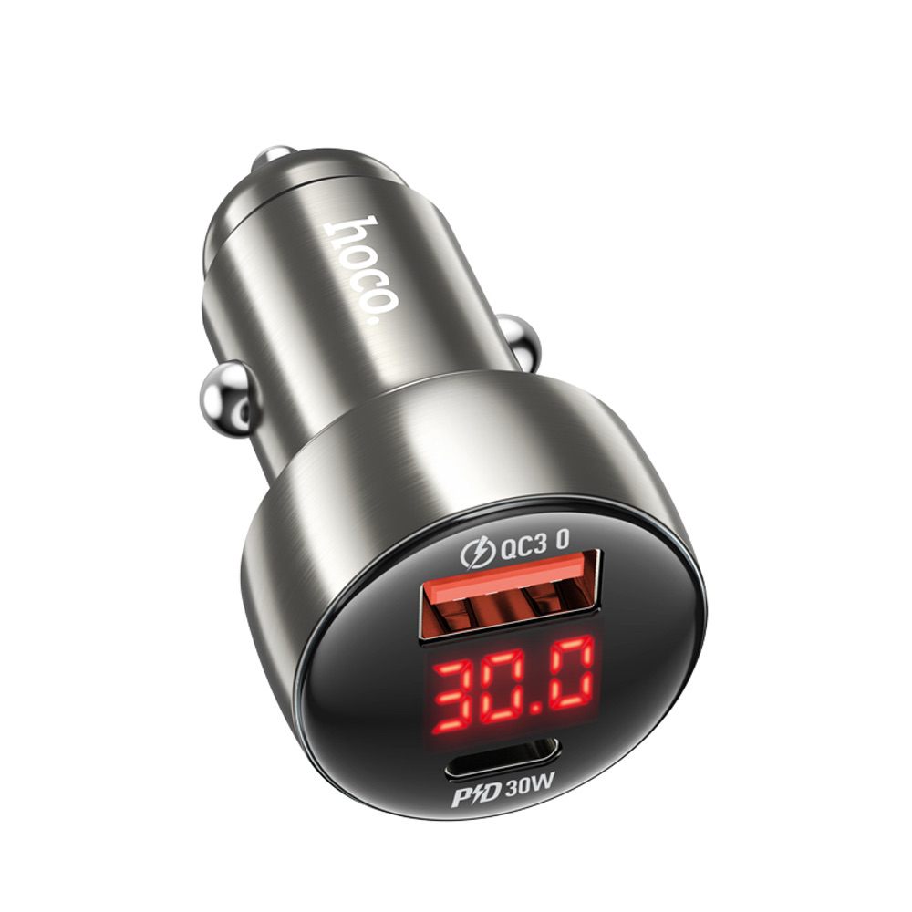 Car Charger HOCO Z50 With Digital Display Fast Charge - Metal Grey