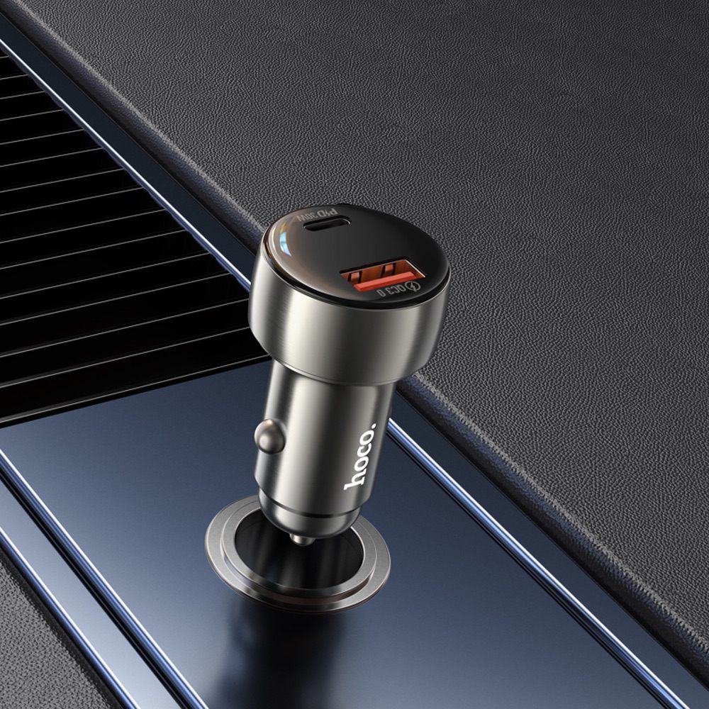 Car Charger HOCO Z50 With Digital Display Fast Charge - Metal Grey