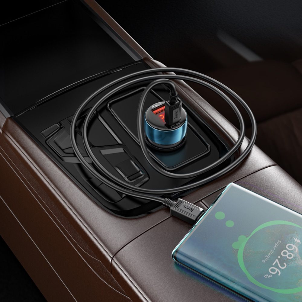 Car Charger HOCO Z50 With Digital Display Fast Charge - Metal Grey