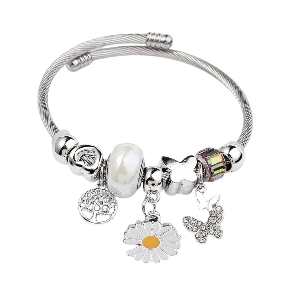 Elegant Butterfly Stainless Steel Asymmetrical Bangle - White Flower