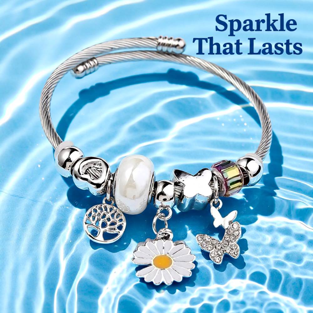 Elegant Butterfly Stainless Steel Asymmetrical Bangle - White Flower
