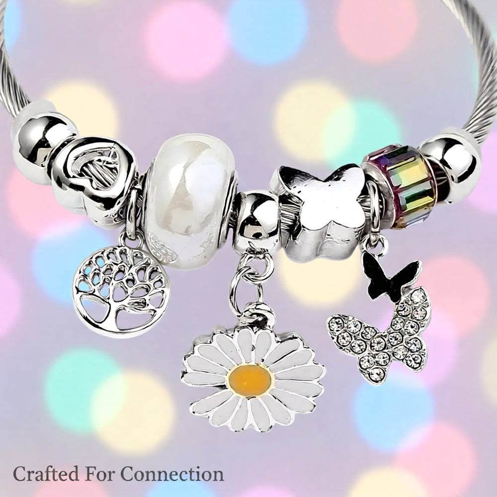 Elegant Butterfly Stainless Steel Asymmetrical Bangle - White Flower