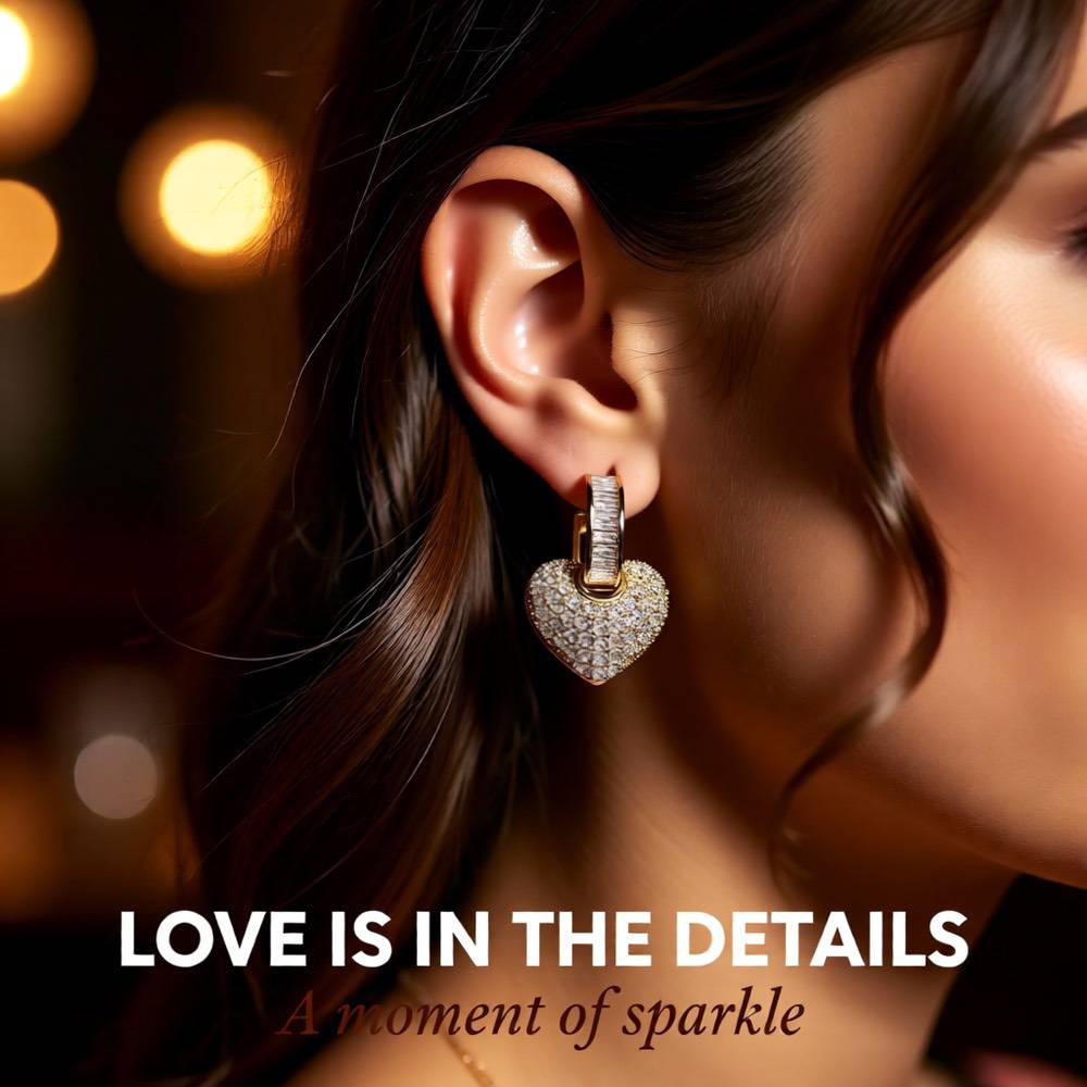 Gold Plated Heart Zircon Earrings – Elegant Copper Design (1 Pair)