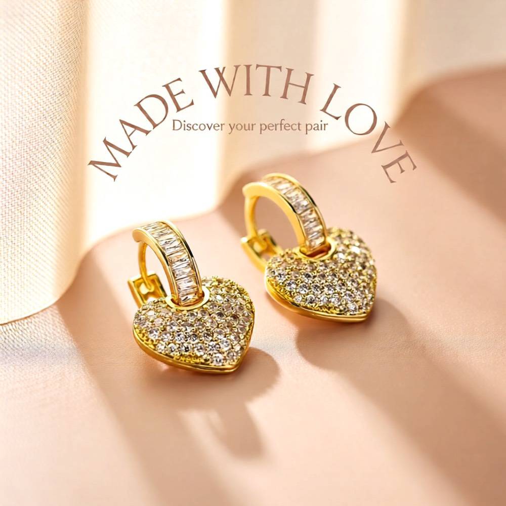 Gold Plated Heart Zircon Earrings – Elegant Copper Design (1 Pair)