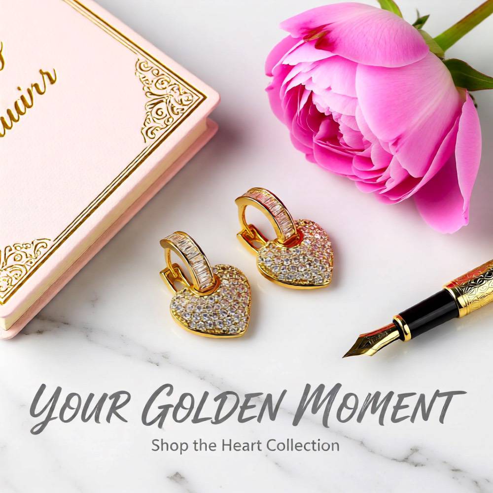 Gold Plated Heart Zircon Earrings – Elegant Copper Design (1 Pair)