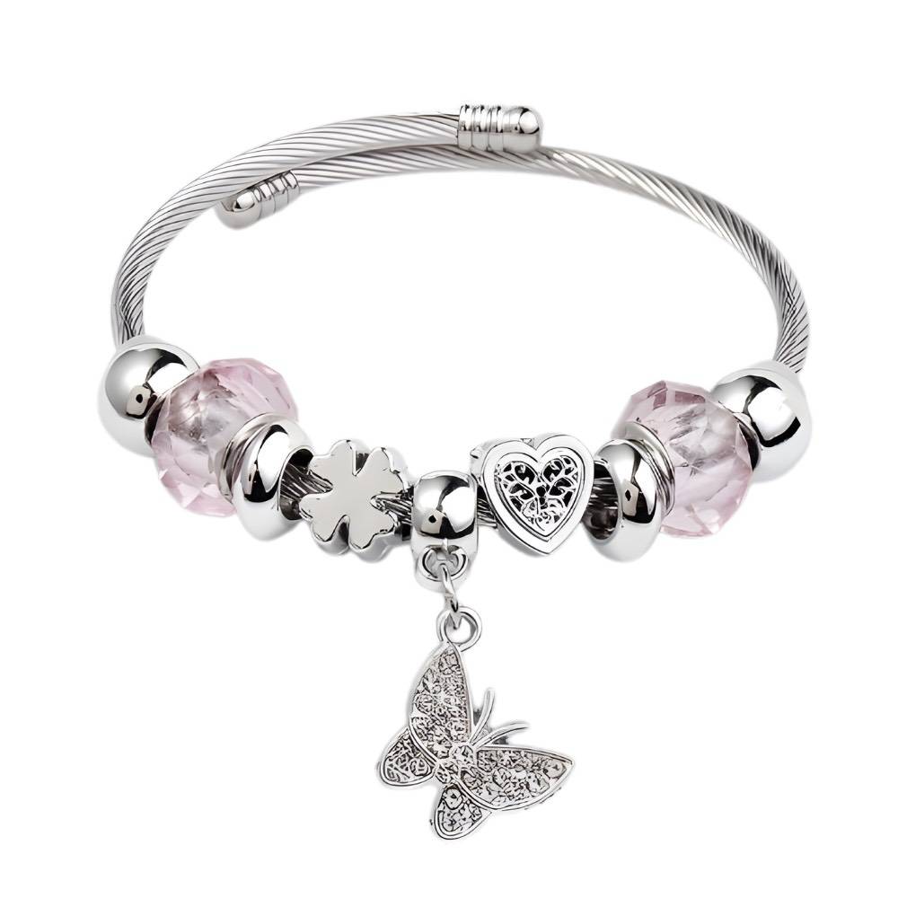 Heart Butterfly Stainless Steel Asymmetrical Bangle Pink