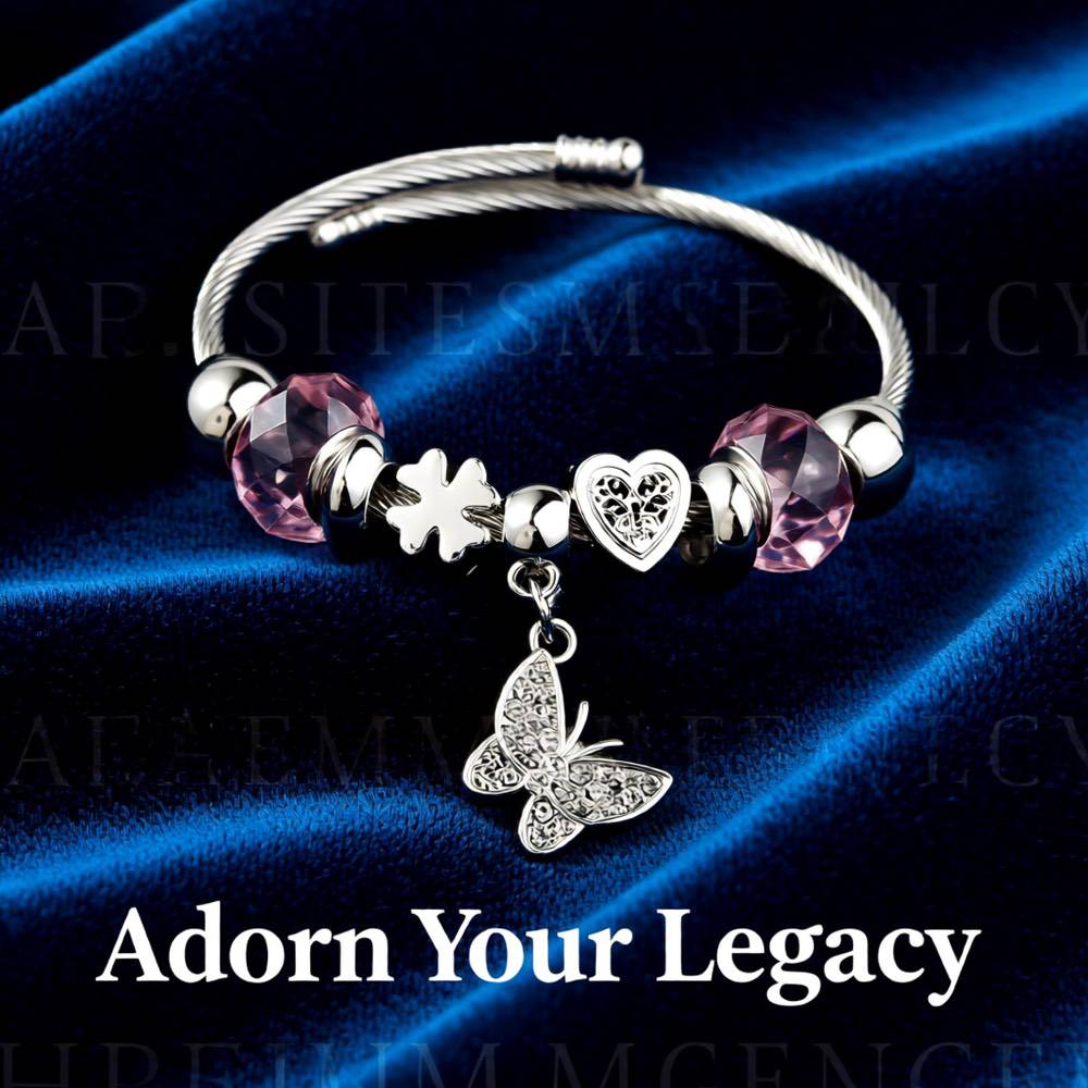 Heart Butterfly Stainless Steel Asymmetrical Bangle Pink